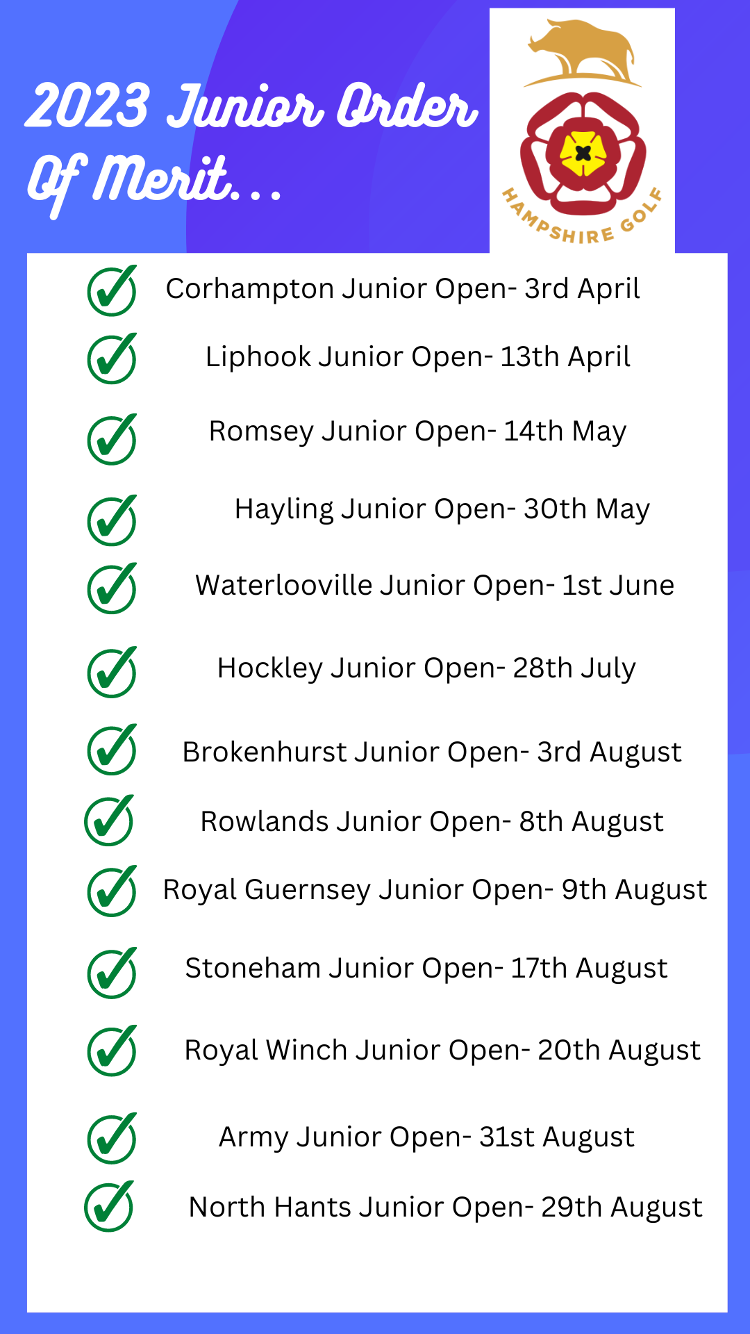 2023 Junior Order Of Merit Hampshire County Golf Union promotes golf